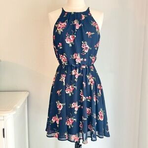 Blue Floral Print Halter Neck Mini Dress, Size Small